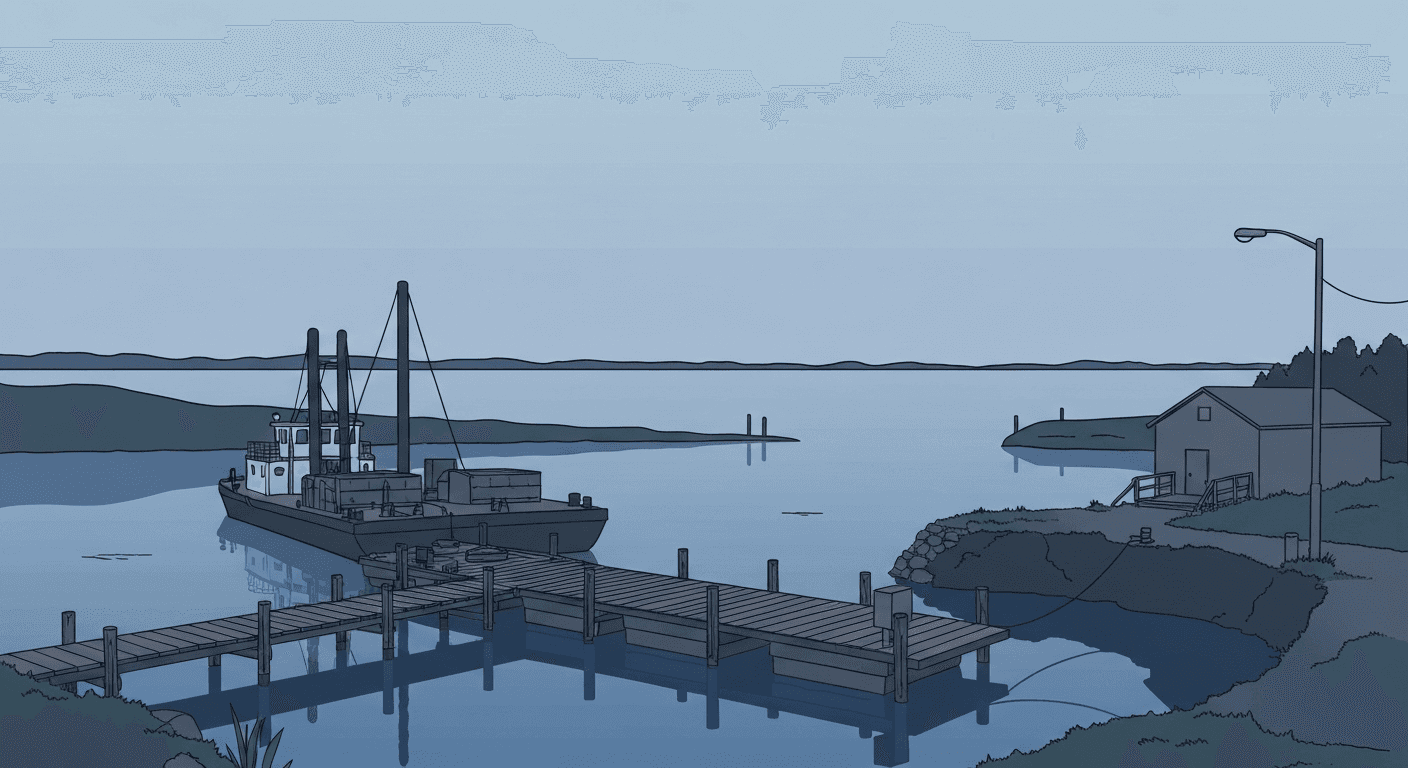 Editorial illustration of a small lakeside harbour with a dredging barge at the dock.