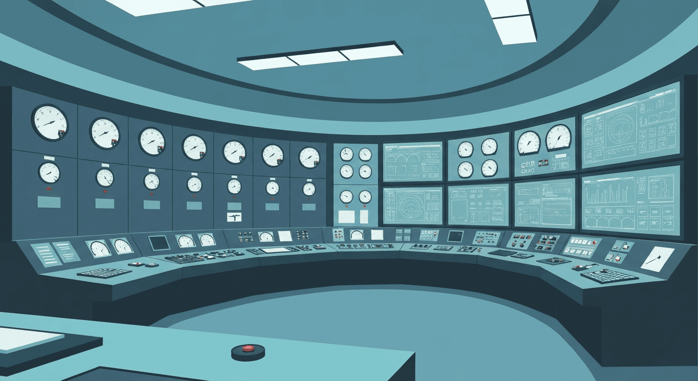 Editorial illustration of an industrial power facility control room.