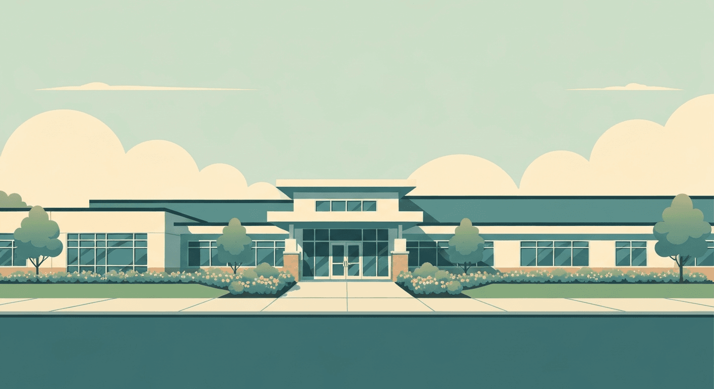 Editorial illustration of a small community hospital wing exterior.