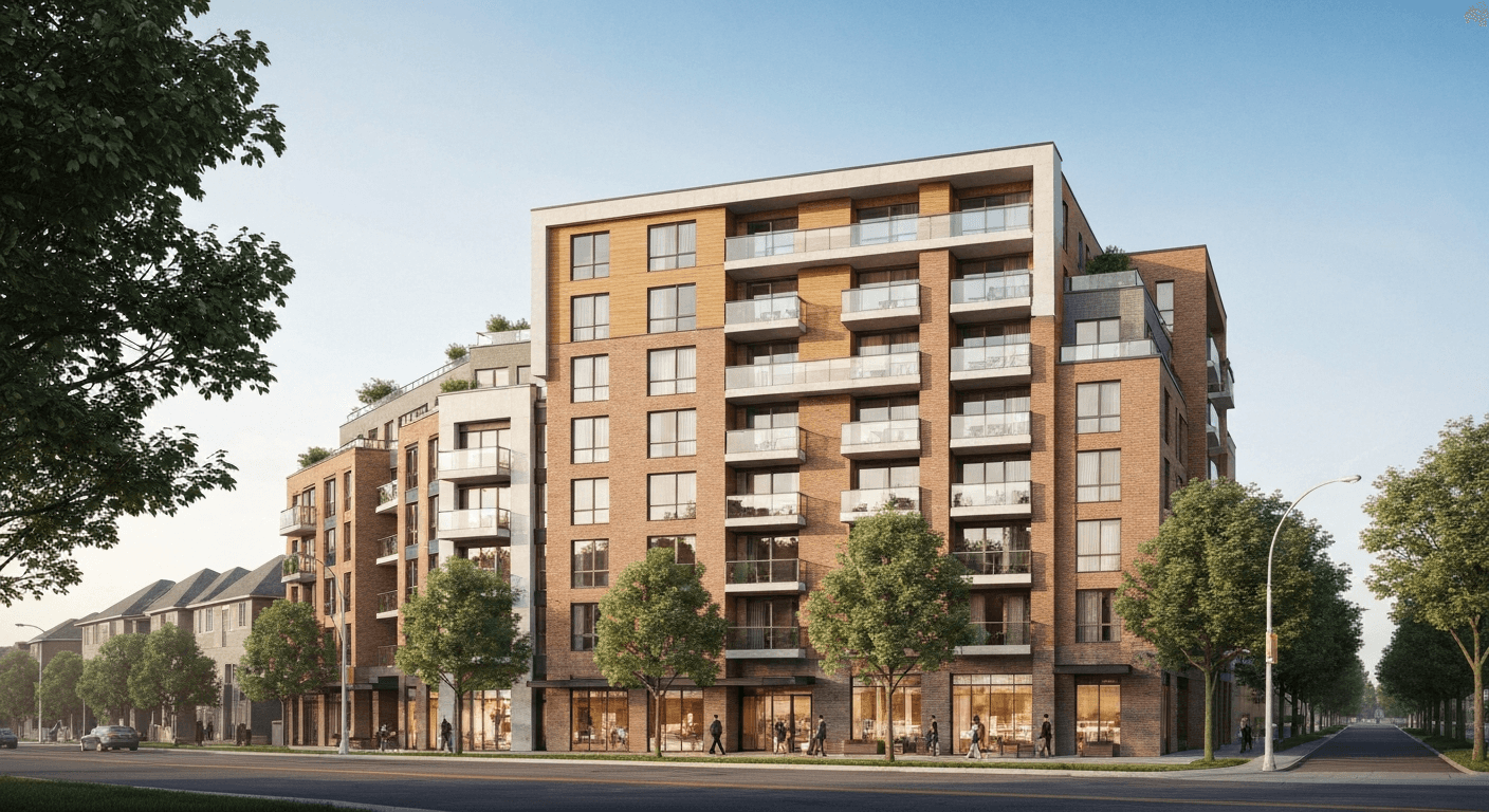 Architectural illustration of a mid-rise mixed-use residential building — generic representation of the type of housing proposed for the 417-unit Malaga Road project in Oshawa.