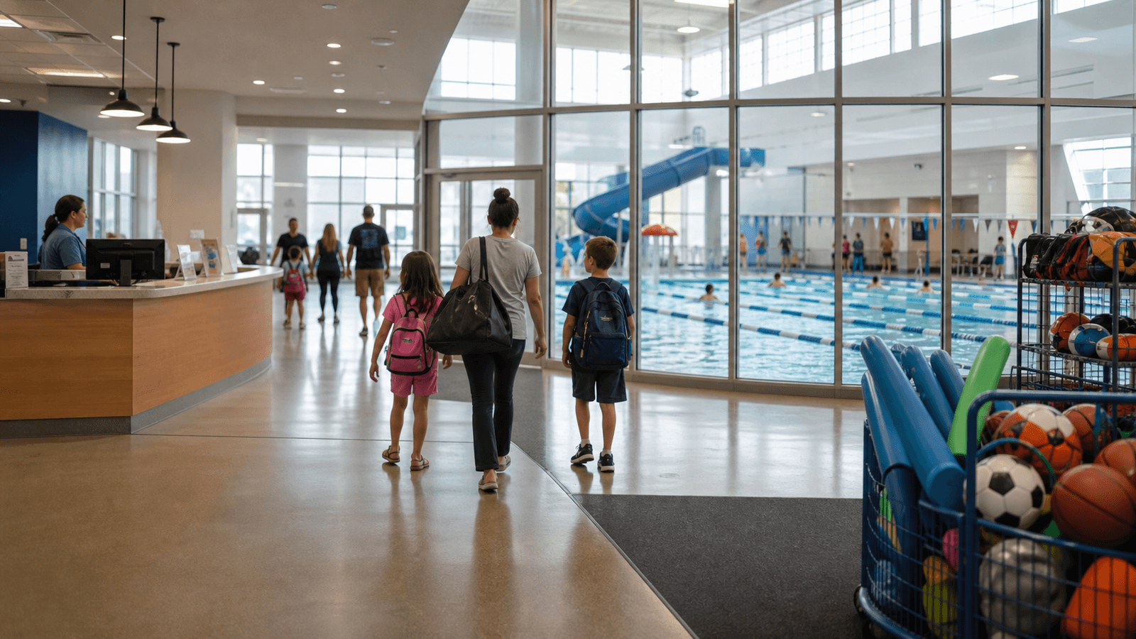 Photorealistic editorial image of a community recreation centre lobby and indoor pool area.