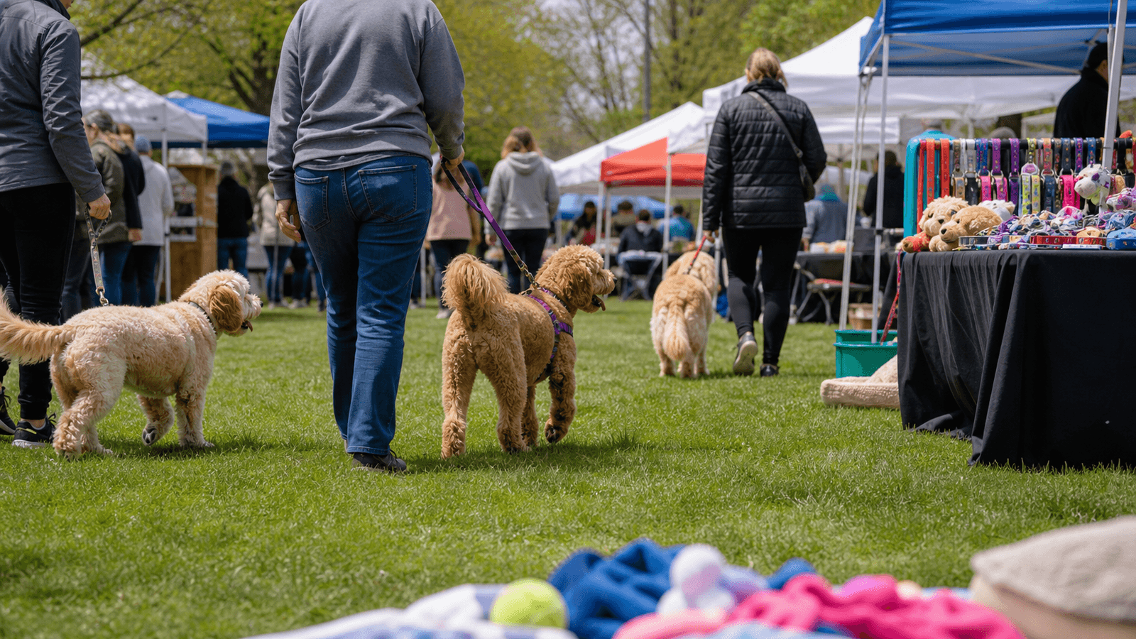 Photorealistic editorial image of dogs and handlers at an outdoor pet festival.