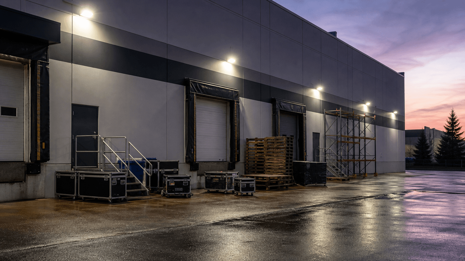 Photorealistic editorial image of an industrial warehouse loading area at dusk.