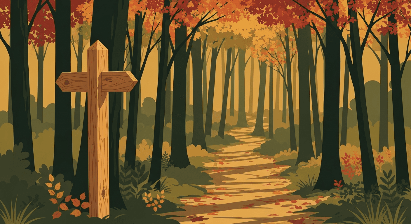 Editorial illustration of a forested hiking trail in early autumn.