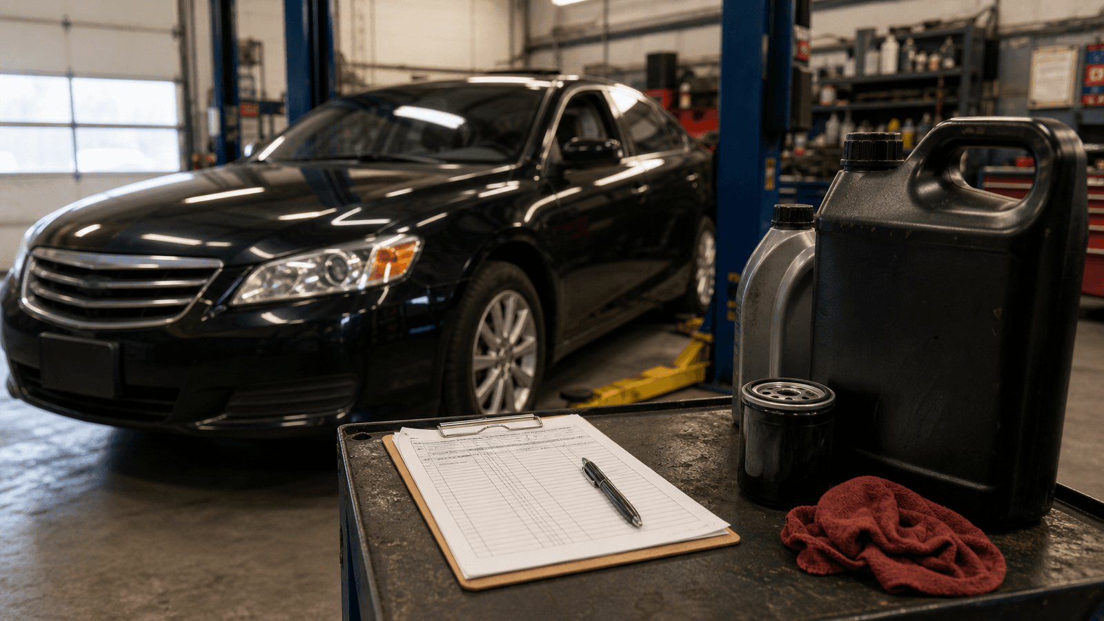 Photorealistic editorial image of a used vehicle service bay with oil containers and an inspection clipboard.