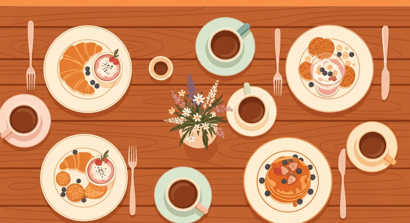 Editorial illustration of a brunch table seen from above with plates and coffee.