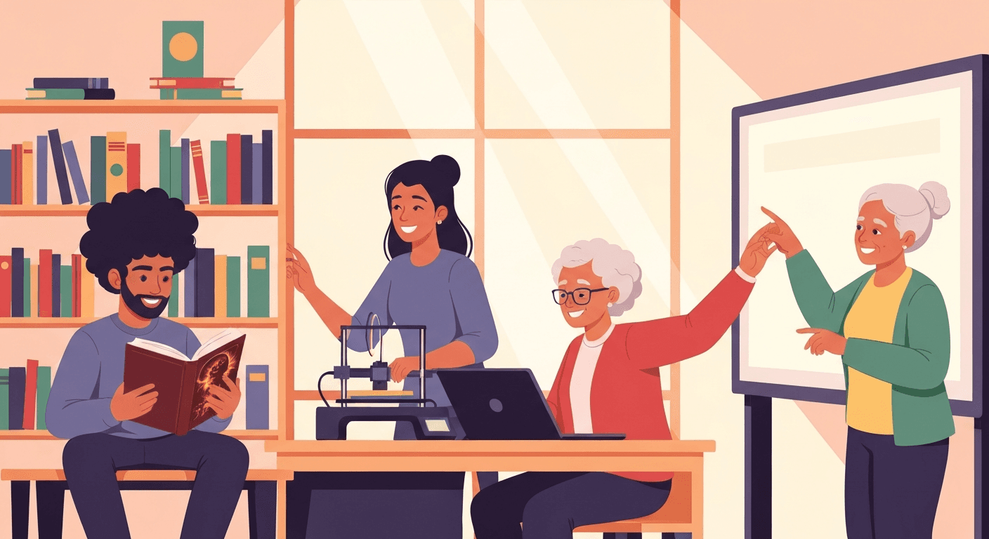 Editorial illustration of a library maker-space with a 3D printer and reading nook.