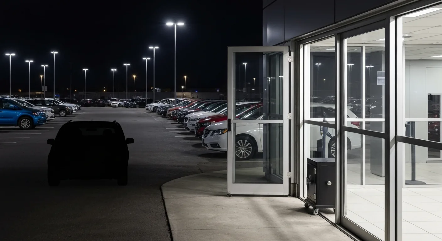 Editorial image of a generic Pickering car dealership exterior at night after a break-in.